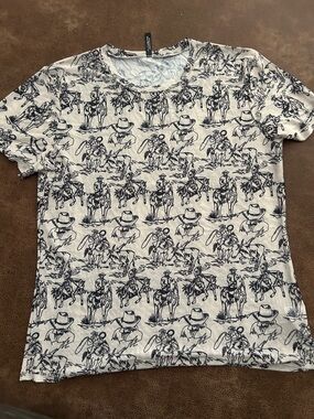 Women’s sheer Cowboy Print Short Sleeve Shirt - Cream/Black